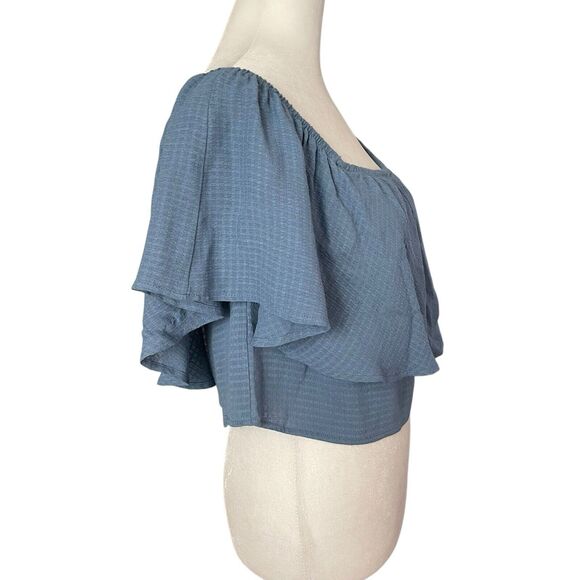 Reformation Womens Small Crop Top Blue Off the Shoulder Flounce Blouse Solid - Picture 5 of 8